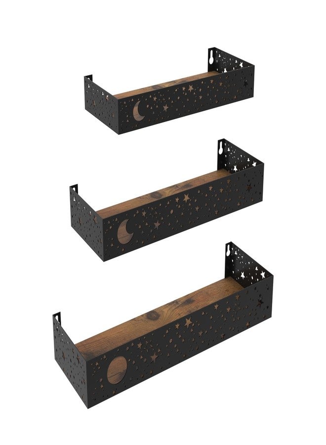 Serwrsw Moon and Stars Wall Shelves Black, Set of 3 Small Floating Shelves for Bedroom Living Room Wall Storage or Decor, Brown Board - Image 1